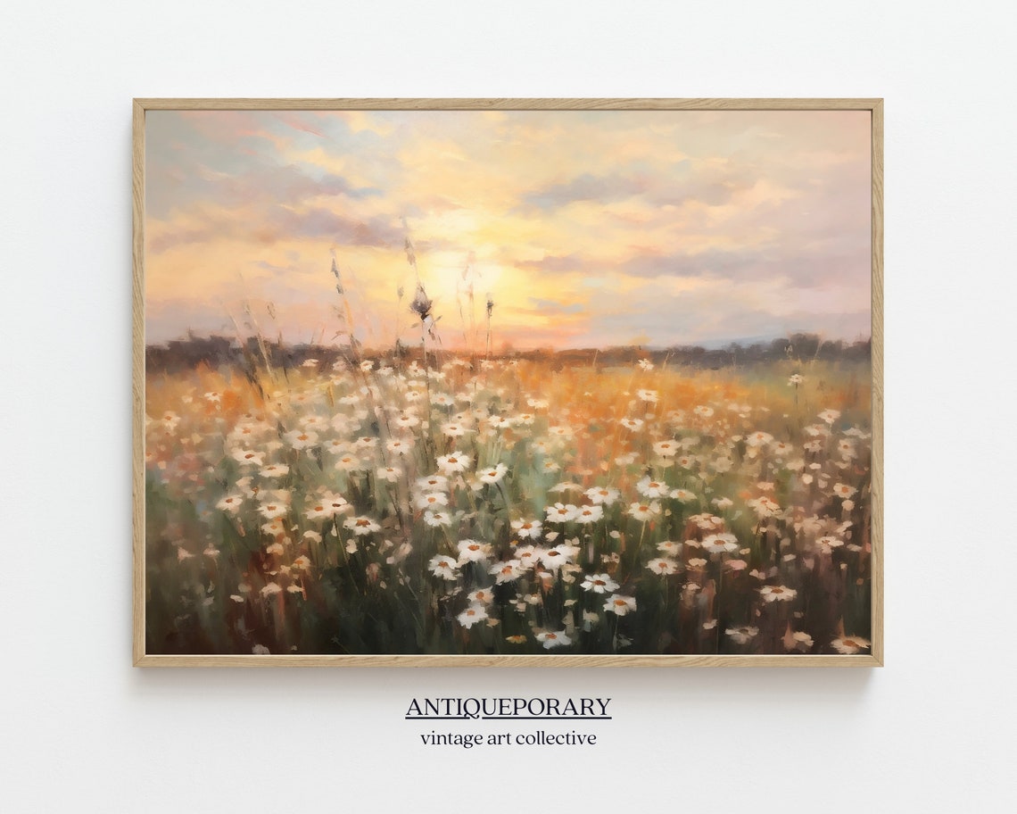 White Daisy Field at Golden Sunset Dreamy Wildflower Art Print