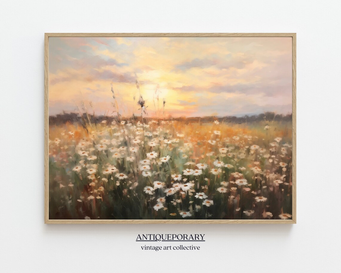 Wildflower Field Landscape Oil Painting Vintage Sunset Landscape Art Print White Flowers Field Art Nature Art