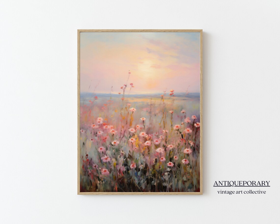 Pink Wildflowers at Sunset Dreamy Pastel Field Vintage Painting Poster