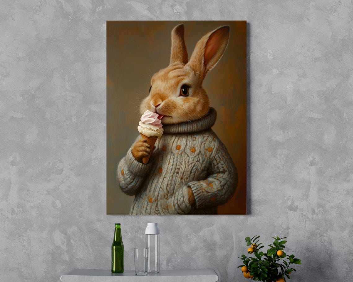 Cute Rabbit Eating Ice Cream Knit Sweater Whimsical Animal Art Poster - Image 3