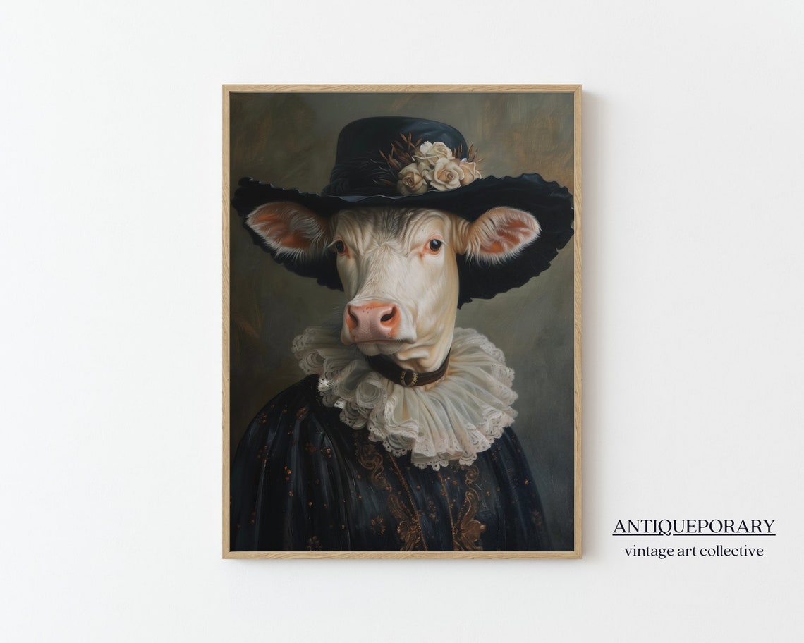 Elegant Lady Cow in Black Rose Hat Victorian Portrait Wall Art