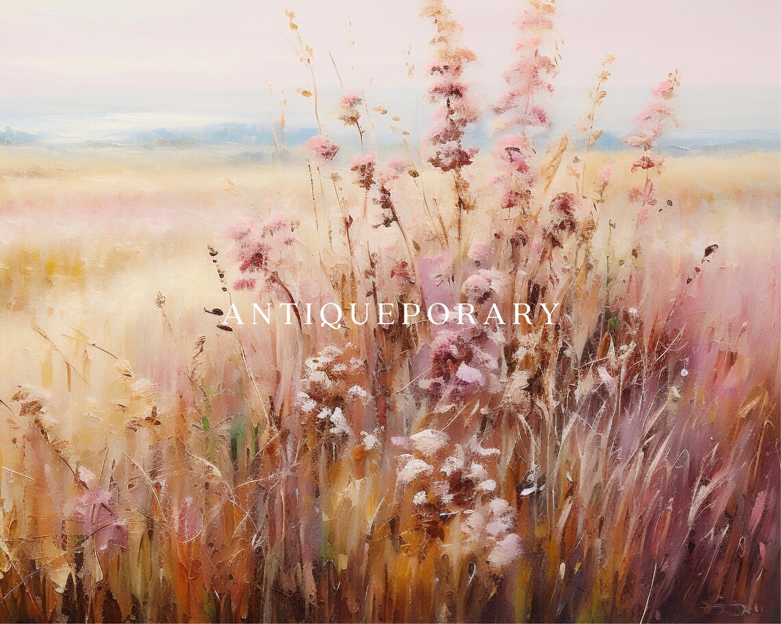 Wildflower Field Landscape Oil Painting Neutral Landscape Art Print Vintage Country Wall Art Antique Rustic Farmhouse Decor - Image 2