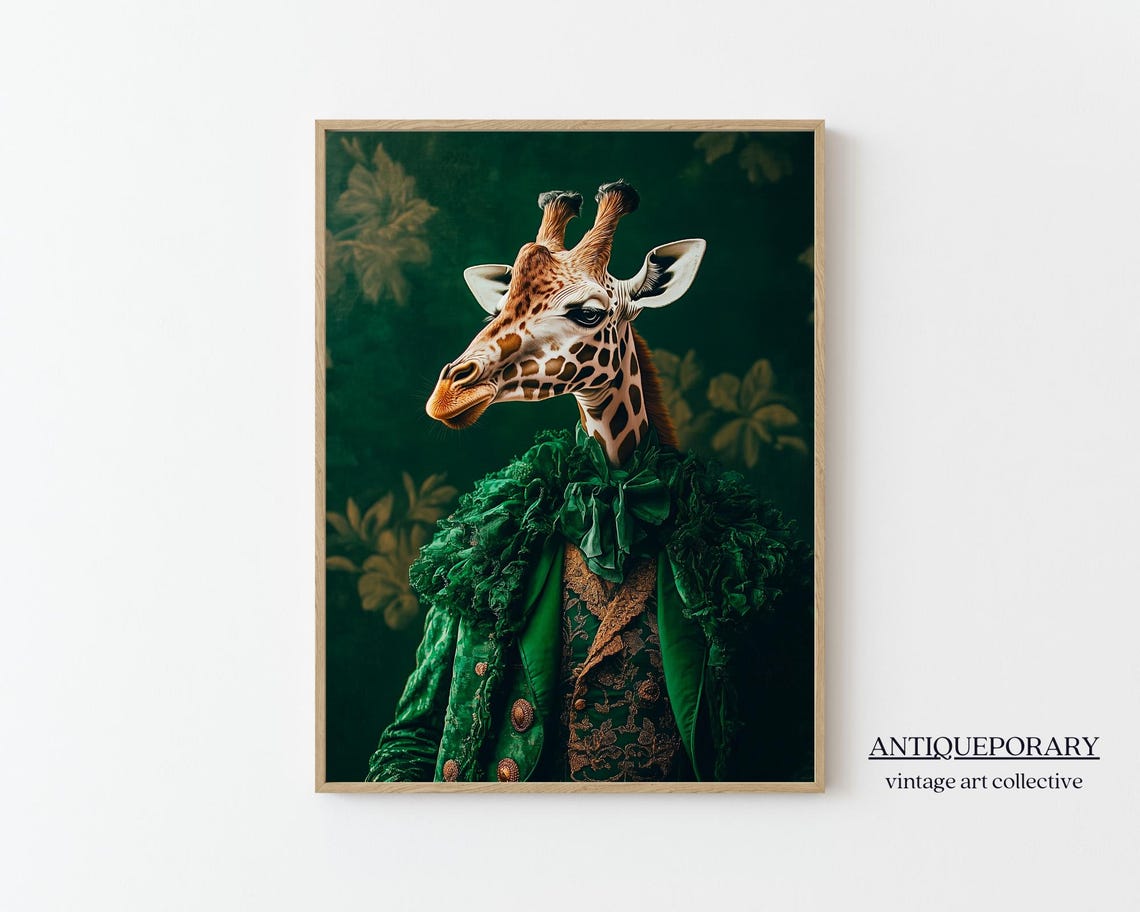 Giraffe Emerald Green Velvet Coat Regal Animal Portrait Poster