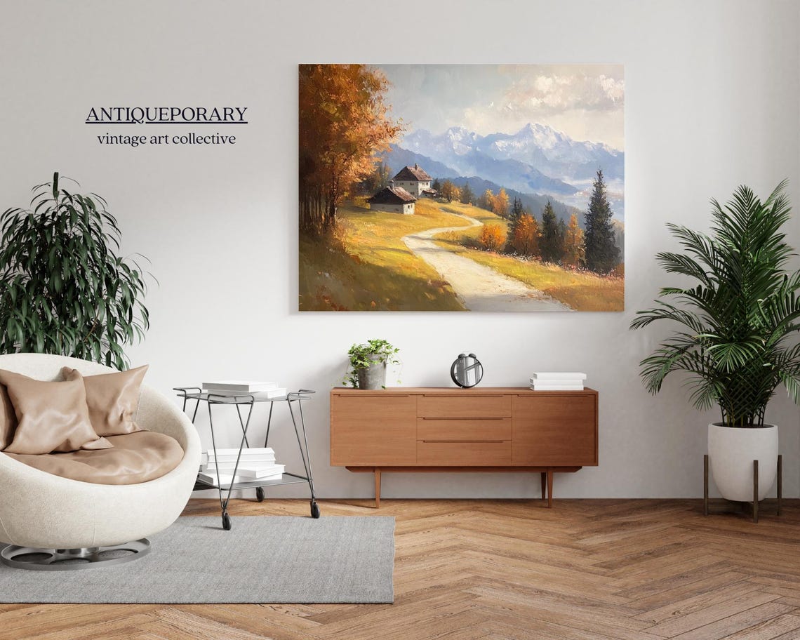 Alpine Farmhouse Hillside Road Snow Peaks Vintage Landscape Poster - Image 7