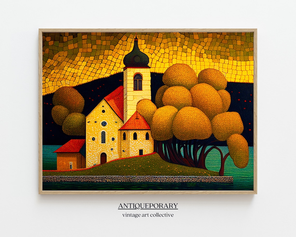Stylized Island Church with Red Roofs Mosaic Golden Sky Poster