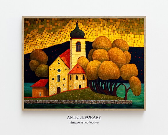 Stylized Island Church with Red Roofs Mosaic Golden Sky Poster