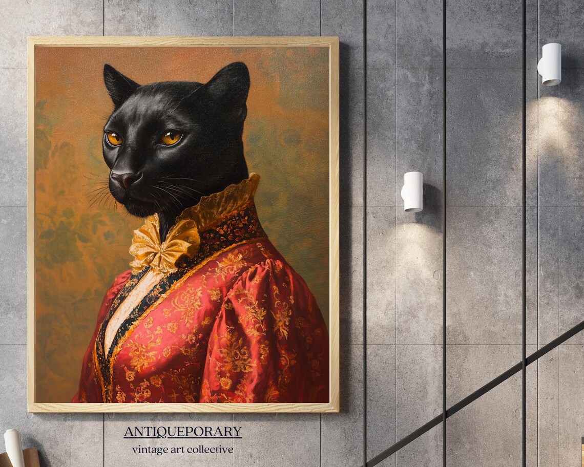 Black Cat Royal Lady Red Floral Gown Portrait Vintage Art Poster - Image 5