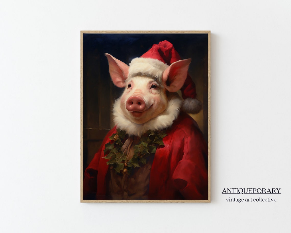 Smiling Pig Dressed as Santa with Holly Christmas Portrait Poster