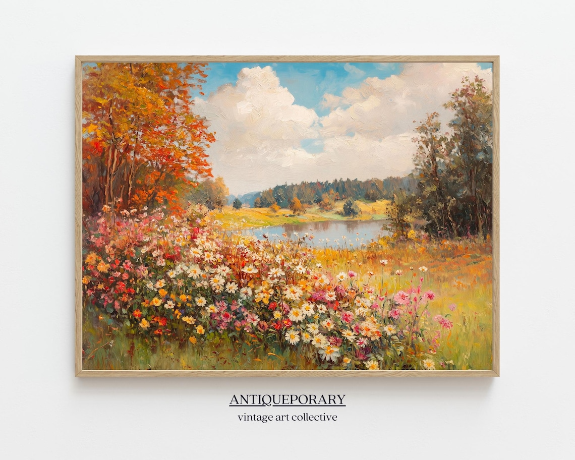 Autumn Wildflower Field Lakeside Fall Trees Impressionist Landscape Poster