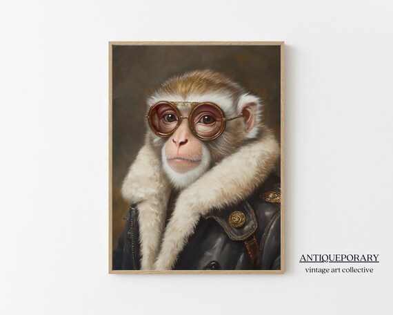 Scholarly Monkey in Round Glasses and Fur Collar Portrait Poster