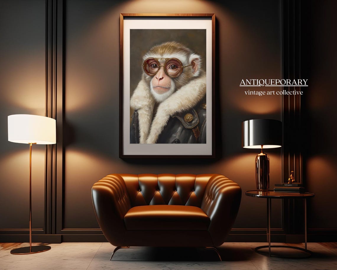 Scholarly Monkey in Round Glasses and Fur Collar Portrait Poster - Image 3