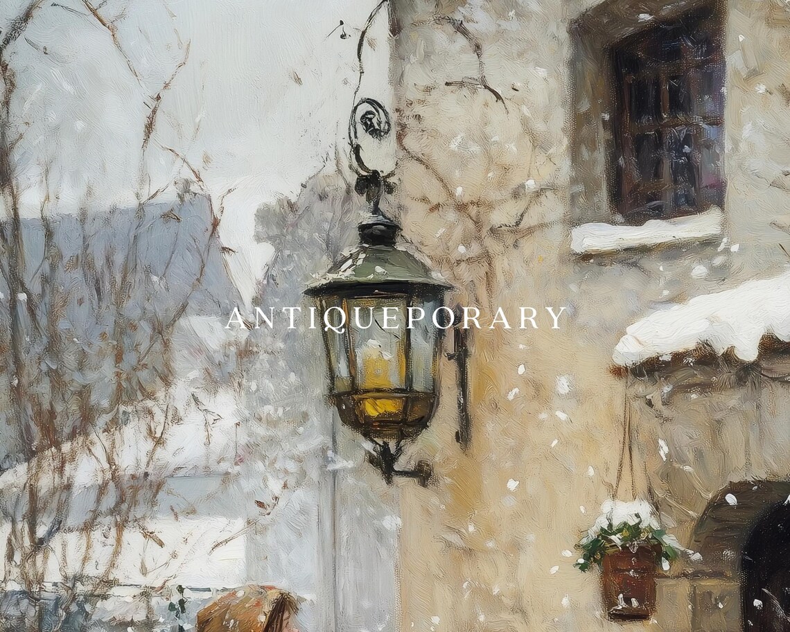 Snowy Village Winter Scene Woman Vintage European Painting Poster - Image 3