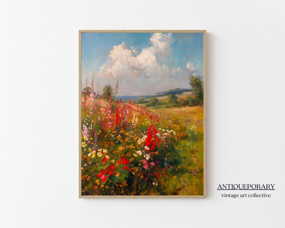 Colorful Wildflower Meadow Rolling Hills Cloudy Sky Painting Poster