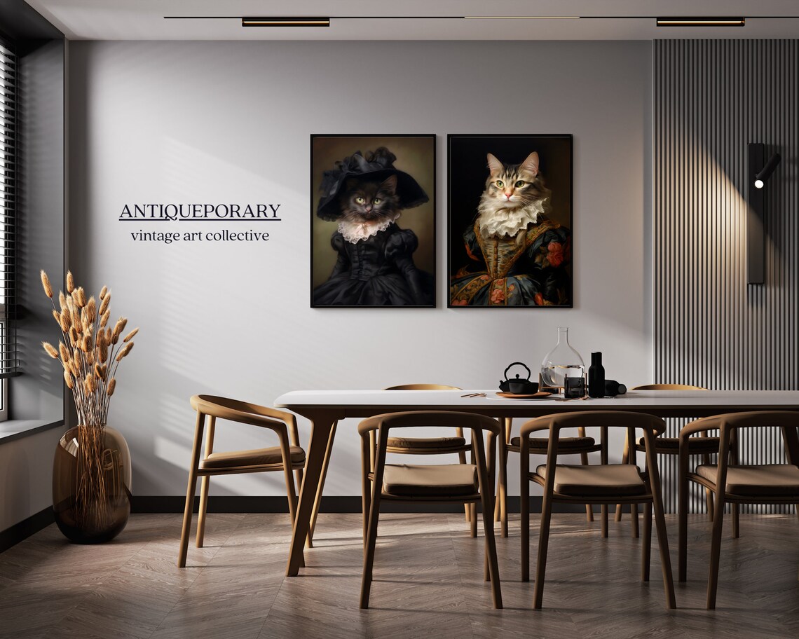 Elegant Black Cat Lady Victorian Dress Wide Hat Oil Portrait Poster - Image 3