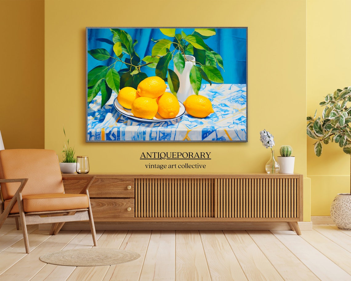 Lemon Branch Vase Plate Blue Cloth Bright Citrus Still Life Poster - Image 4