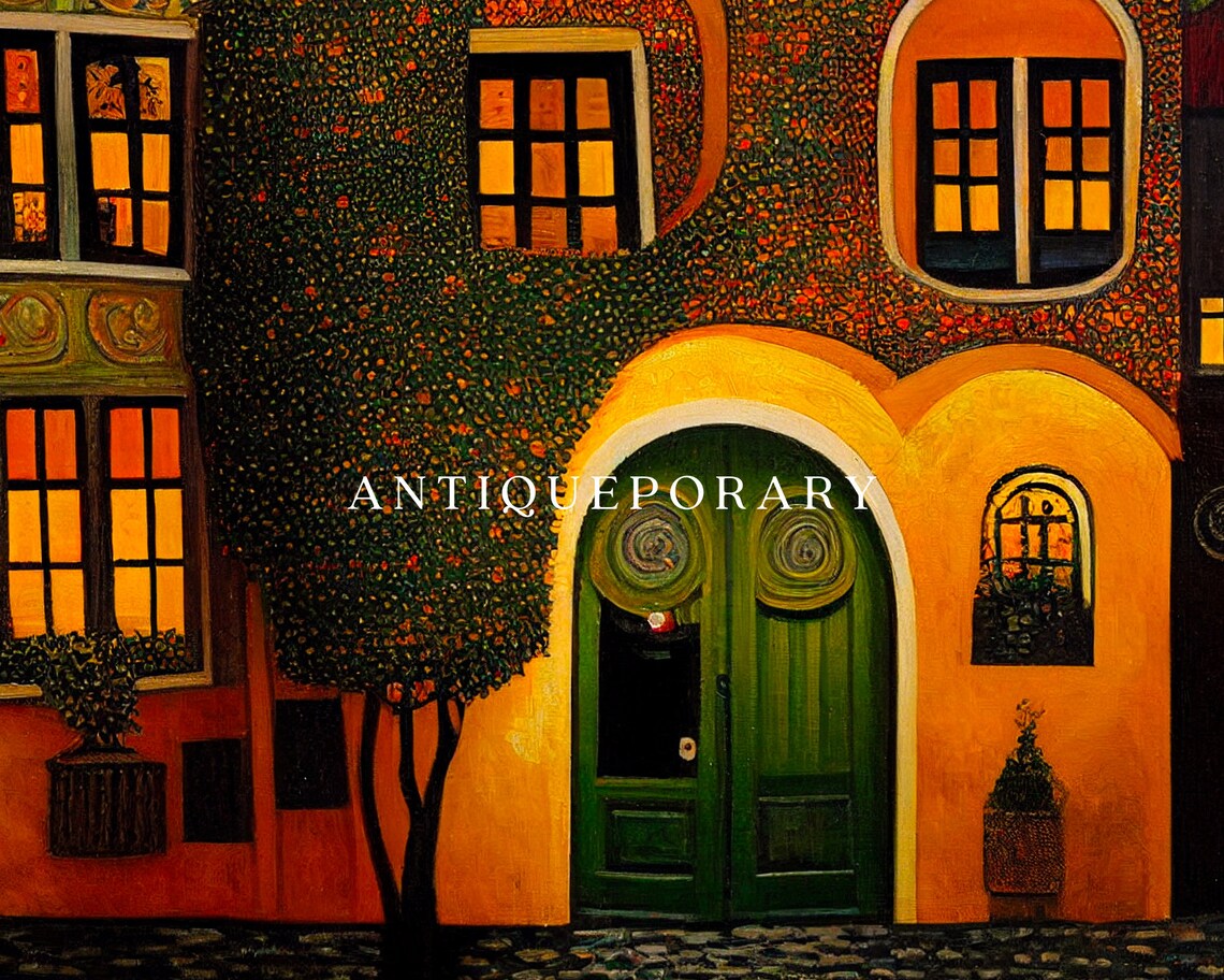 Glowing European Townhouse Night Facade Folk Art Architecture Poster - Image 2
