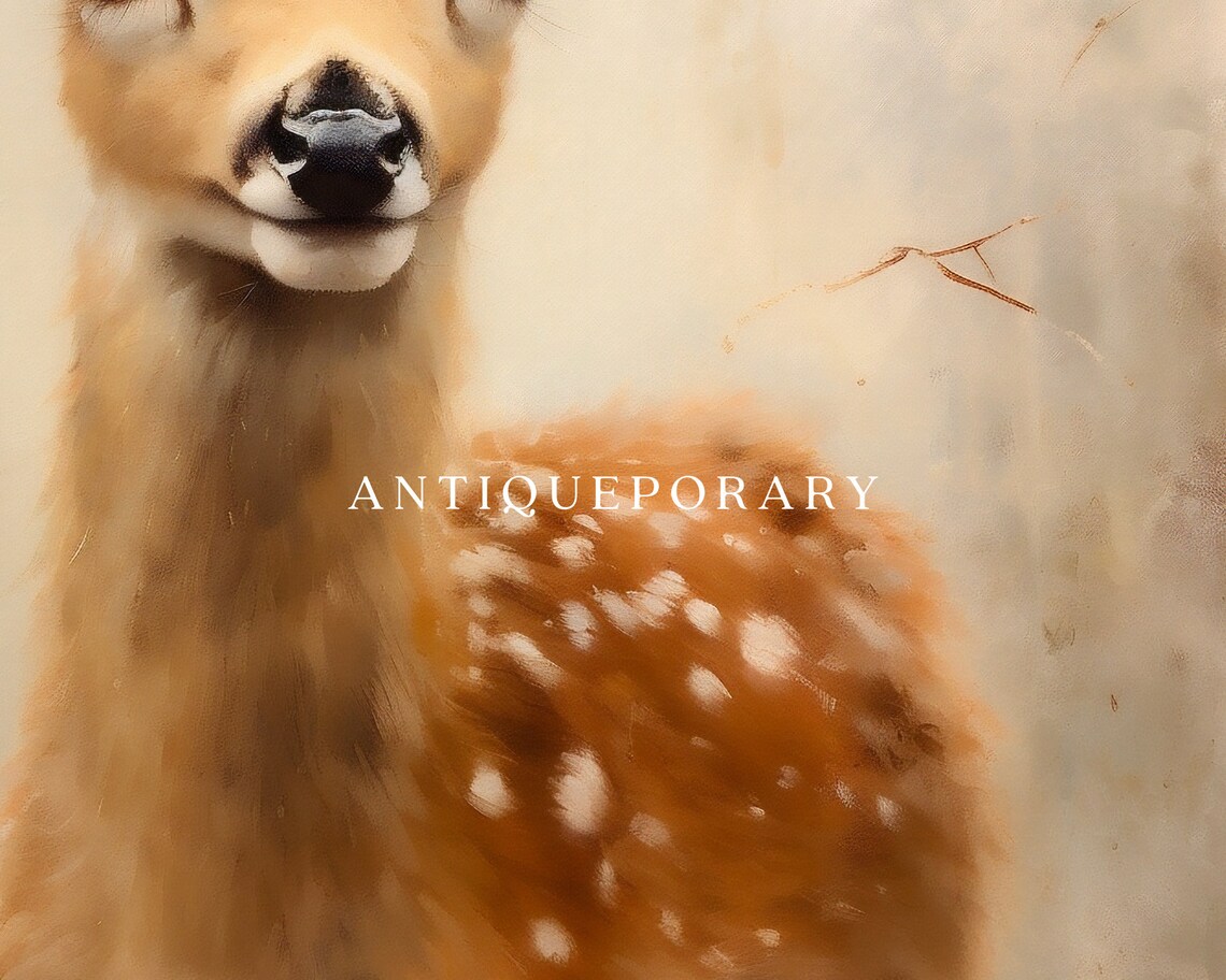 Baby Deer Fawn Portrait Soft Neutral Vintage Wildlife Painting Poster - Image 2