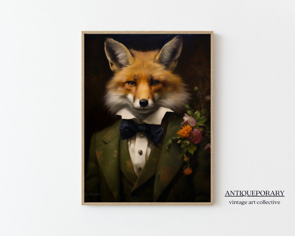 Renaissance Animal Portrait Victorian Animal Portrait Dressed Animal Prints Royal Fox Oil Painting Vintage Style Animal Portrait