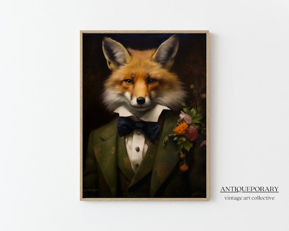 Red Fox Gentleman in Green Coat Bow Tie Vintage Animal Portrait Poster