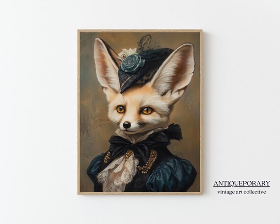 Fennec Fox Lady in Navy Victorian Gown Vintage Animal Portrait Poster
