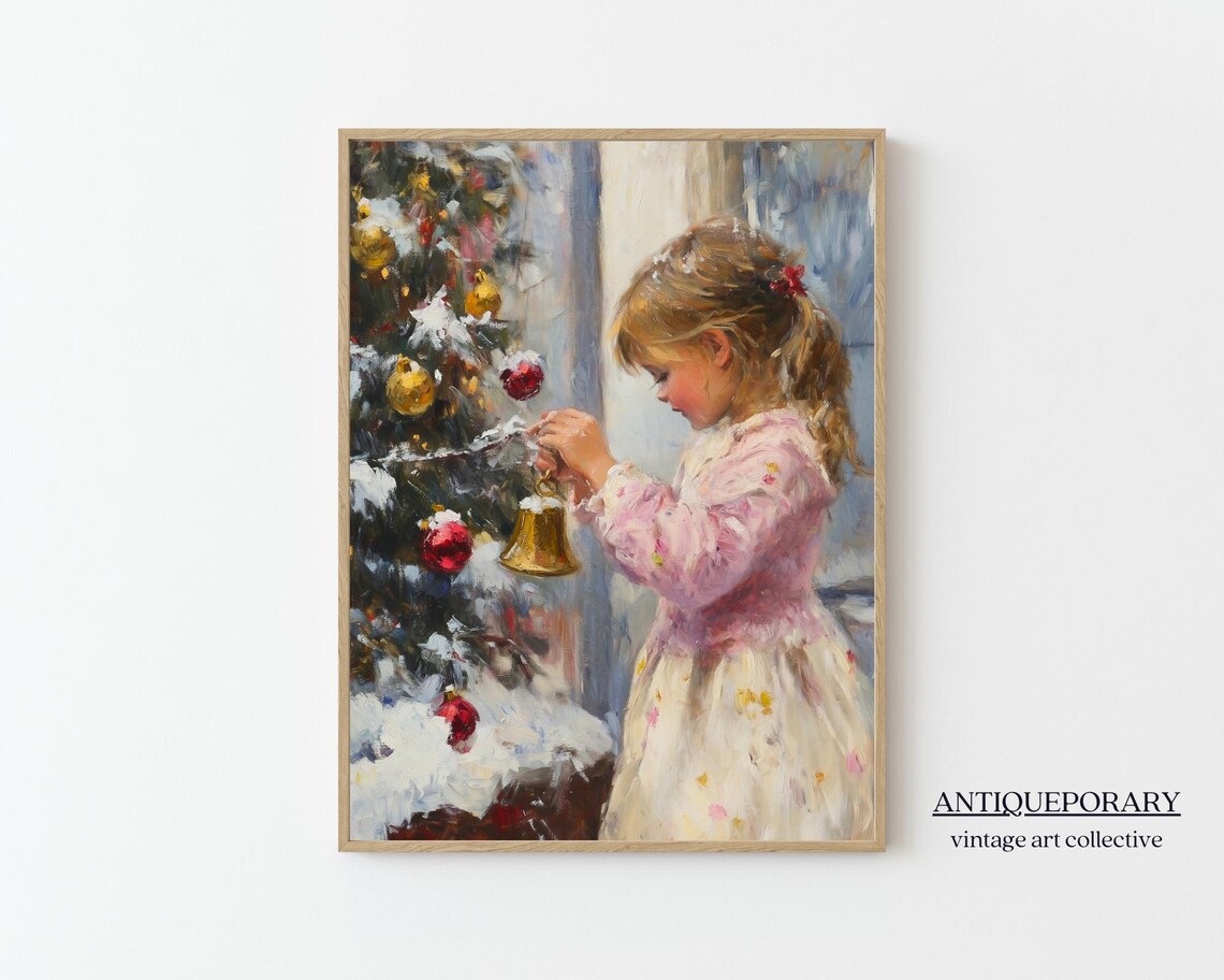 Little Girl Hanging a Golden Bell on a Snowy Christmas Tree Poster
