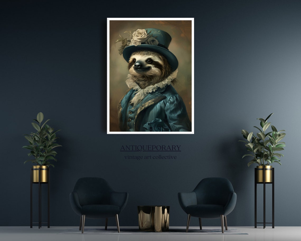 Royal Sloth Blue Top Hat White Roses Victorian Portrait Poster - Image 6