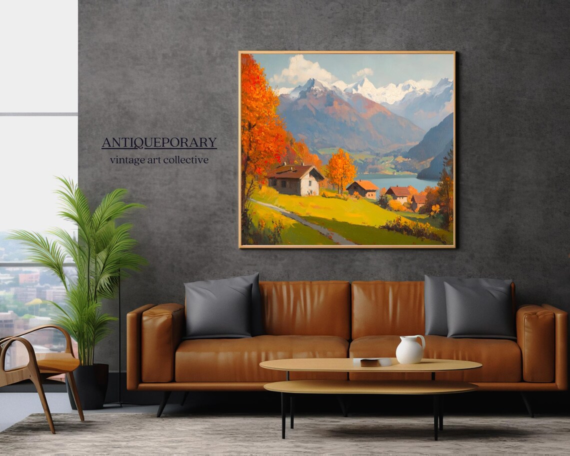 Alpine Village Snowy Mountain Lake Autumn Chalet Oil Painting Poster - Image 6
