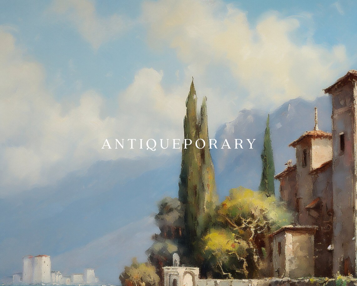 Italian Lake Village Stone Villa Cypress Trees Vintage Painting Poster - Image 3