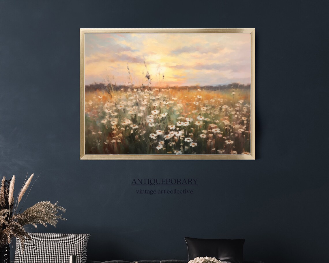 Wildflower Field Landscape Oil Painting Vintage Sunset Landscape Art Print White Flowers Field Art Nature Art - Image 2