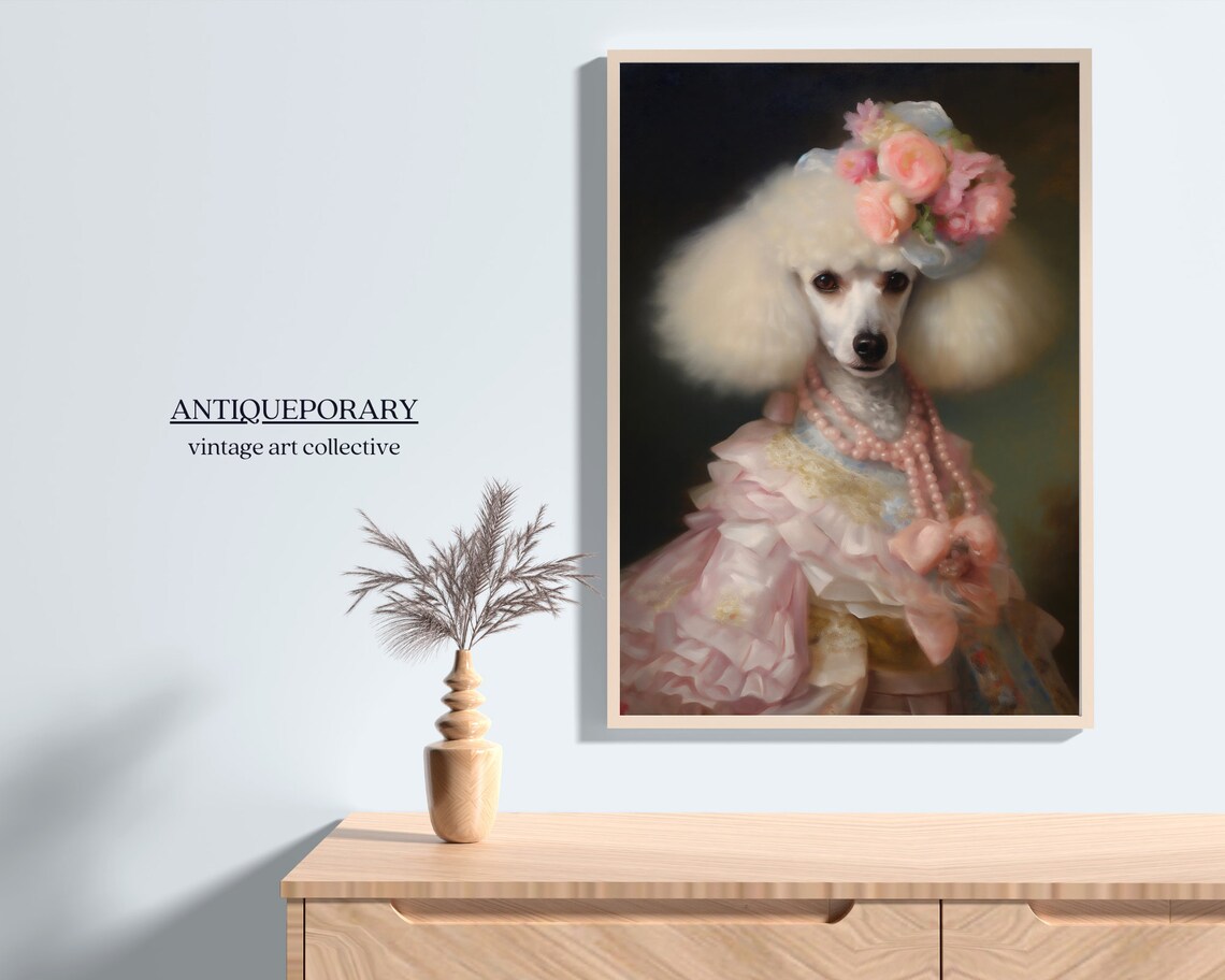 Elegant Poodle Lady in Pink Gown Pearl Necklace Portrait Wall Art - Image 5