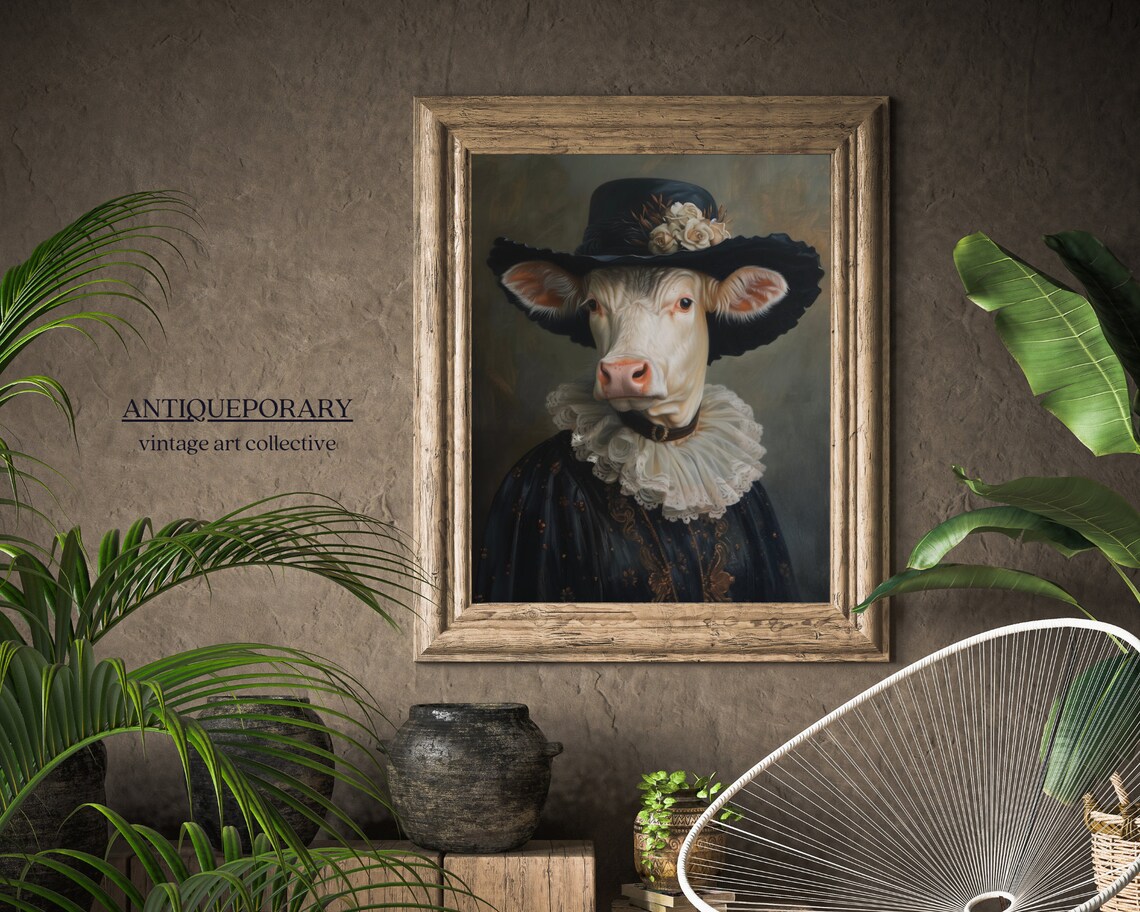 Elegant Lady Cow in Black Rose Hat Victorian Portrait Wall Art - Image 7