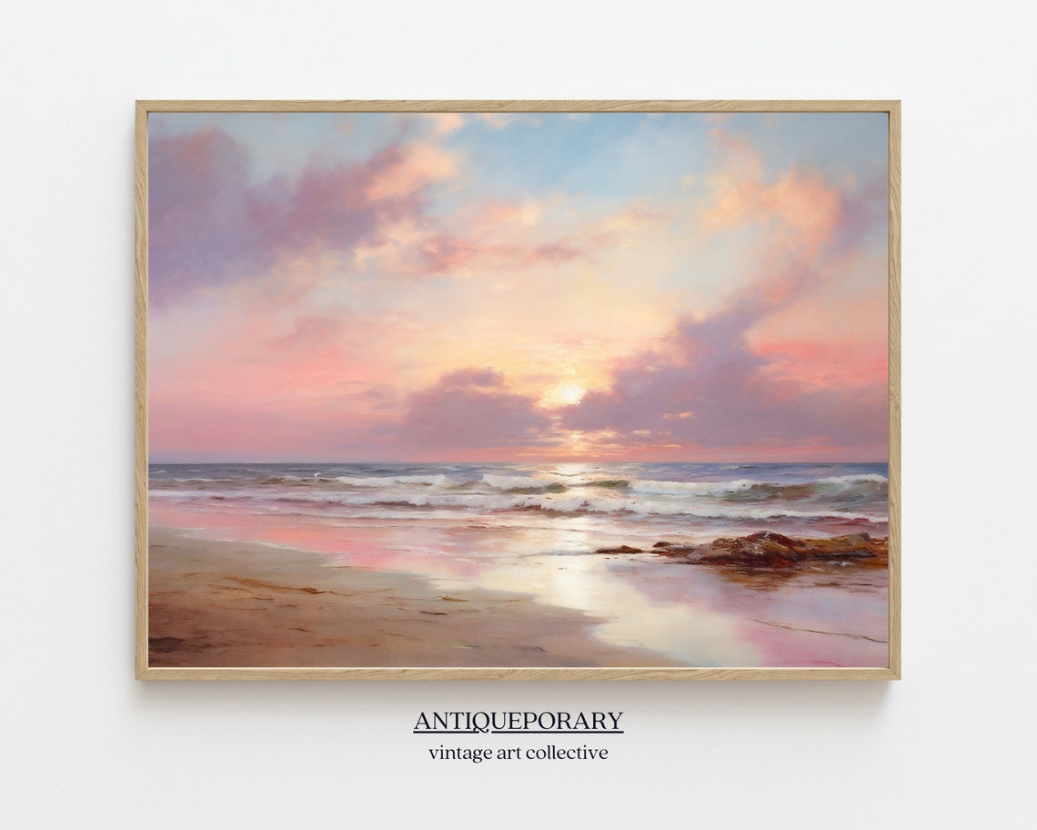 Dreamy Pastel Beach Sunset Ocean Waves Impressionist Coastal Poster