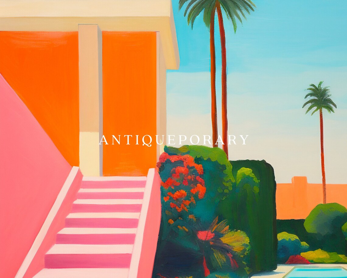 Tropical Pink Staircase Pool Palm Trees Retro Resort Painting Poster - Image 3