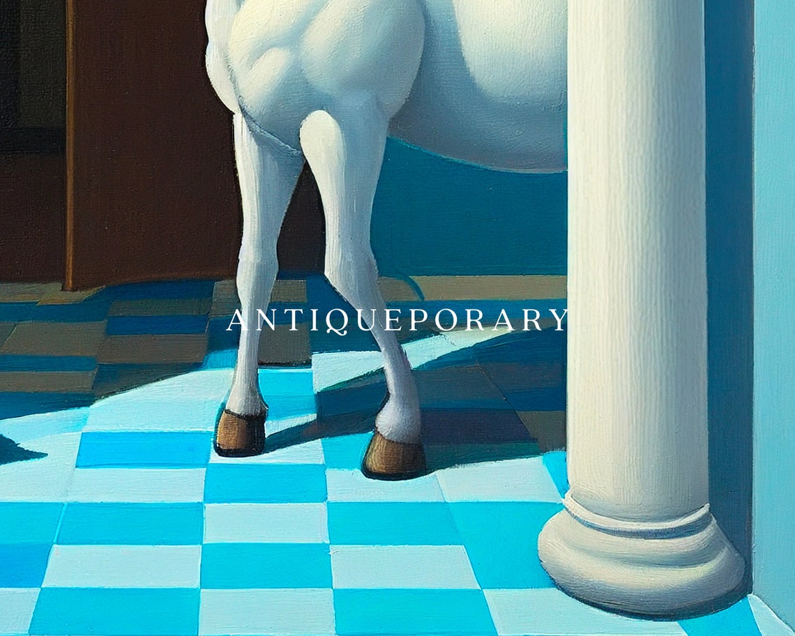 Whimsical White Unicorn in Classical Arched Blue Hallway Poster - Image 2