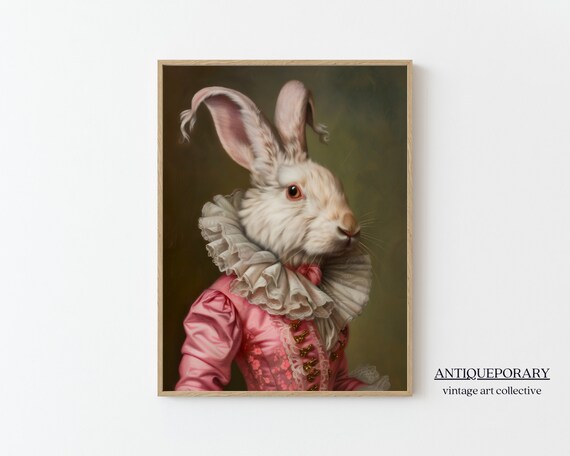 Regal White Rabbit Lady Pink Gown Oil Portrait Animal Art Poster