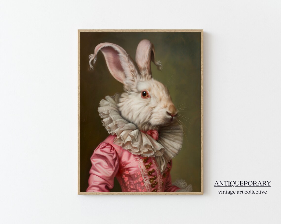Regal White Rabbit Lady Pink Gown Oil Portrait Animal Art Poster