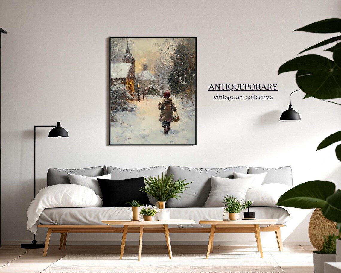 Child Walking a Snowy Village Street at Dusk Winter Scene Poster - Image 7