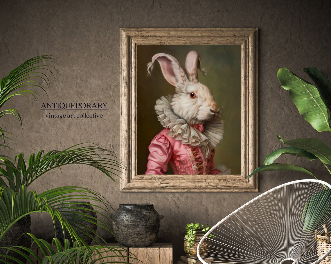 Regal White Rabbit Lady Pink Gown Oil Portrait Animal Art Poster - Image 5