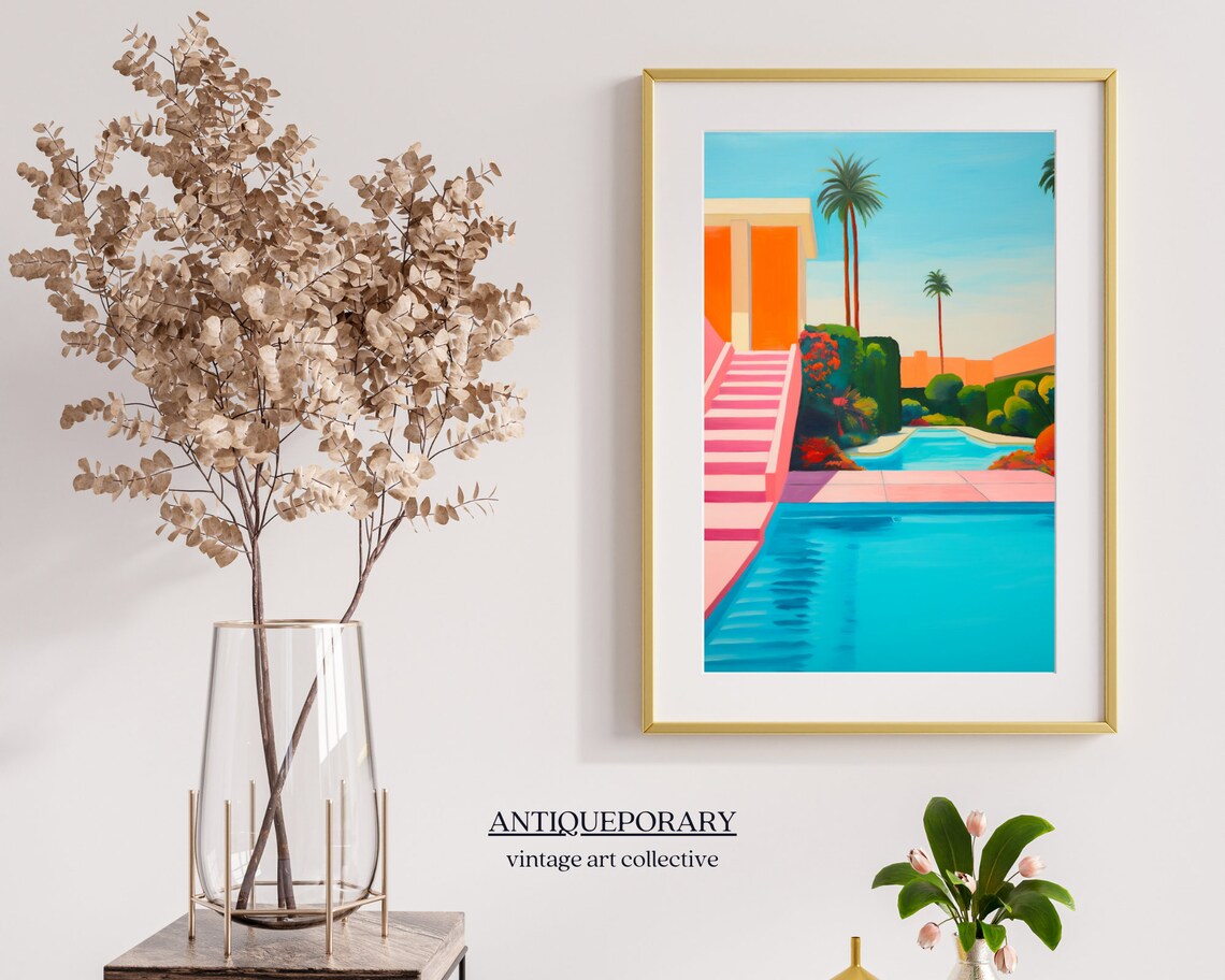 Tropical Pink Staircase Pool Palm Trees Retro Resort Painting Poster - Image 6