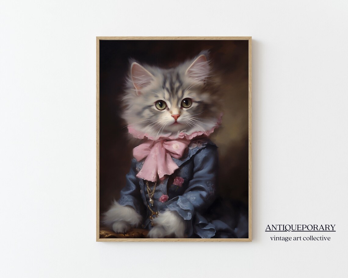 Baby Kitten Blue Victorian Dress Pink Bow Portrait Vintage Poster