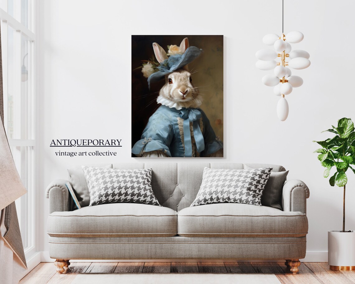 Elegant White Rabbit Blue Bonnet Victorian Lady Animal Portrait Poster - Image 5