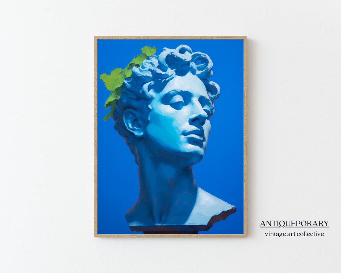 Blue Greek Bust Statue Laurel Leaves Vivid Blue Background Art Poster