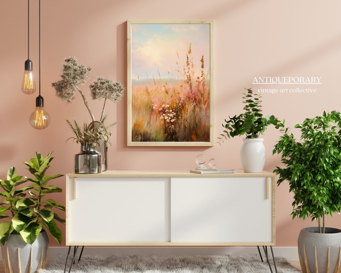 Muted Fall Wildflower Meadow in Soft Neutral Landscape Painting Poster - Image 4