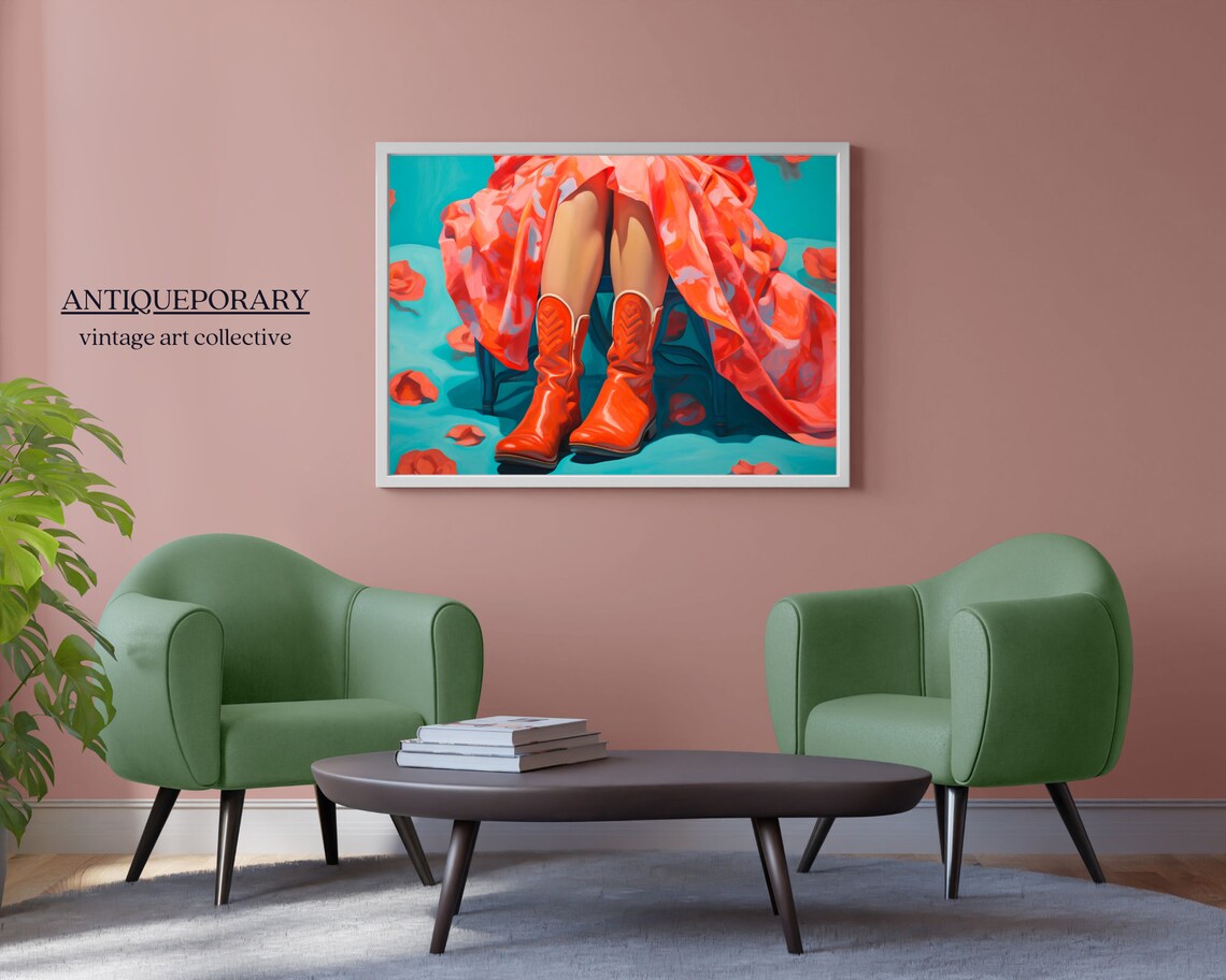 Red Cowboy Boots Painting Floral Dress Modern Fashion Art Poster - Image 5