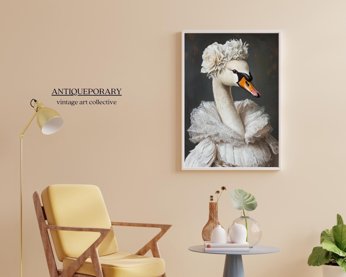 Elegant White Swan Lady Lace Ruff Floral Headdress Oil Portrait Poster - Image 2