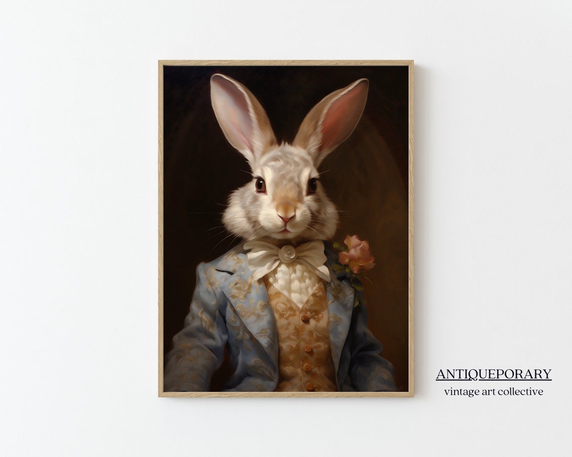 White Rabbit Gentleman Blue Brocade Coat Dapper Animal Portrait Poster