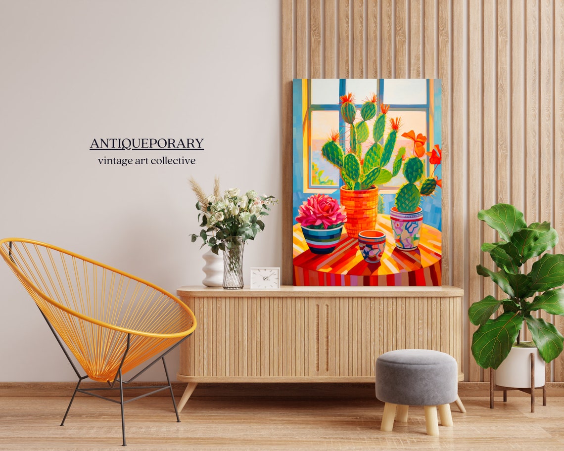 Colorful Potted Cacti by Sunlit Window Still Life Painting Poster - Image 7