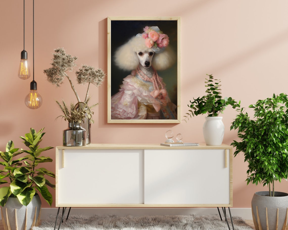Elegant Poodle Lady in Pink Gown Pearl Necklace Portrait Wall Art - Image 6