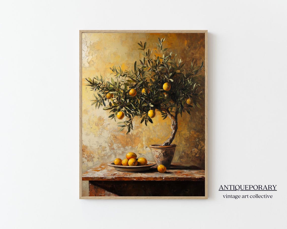 Potted Citrus Tree Golden Rustic Still Life Fruit Painting Poster
