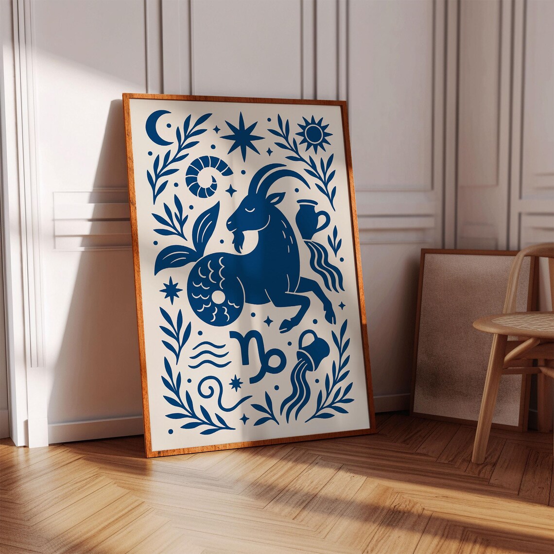 Capricorn Zodiac Print, Royal Blue Astrology Folk Art